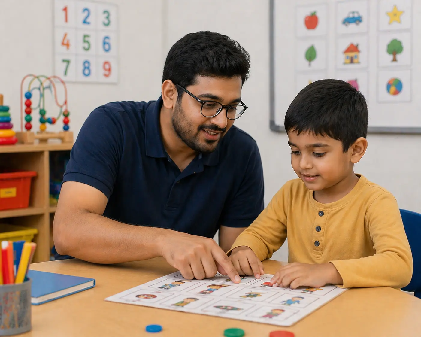 An Indian special educator supporting a child with a structured, individualized learning plan