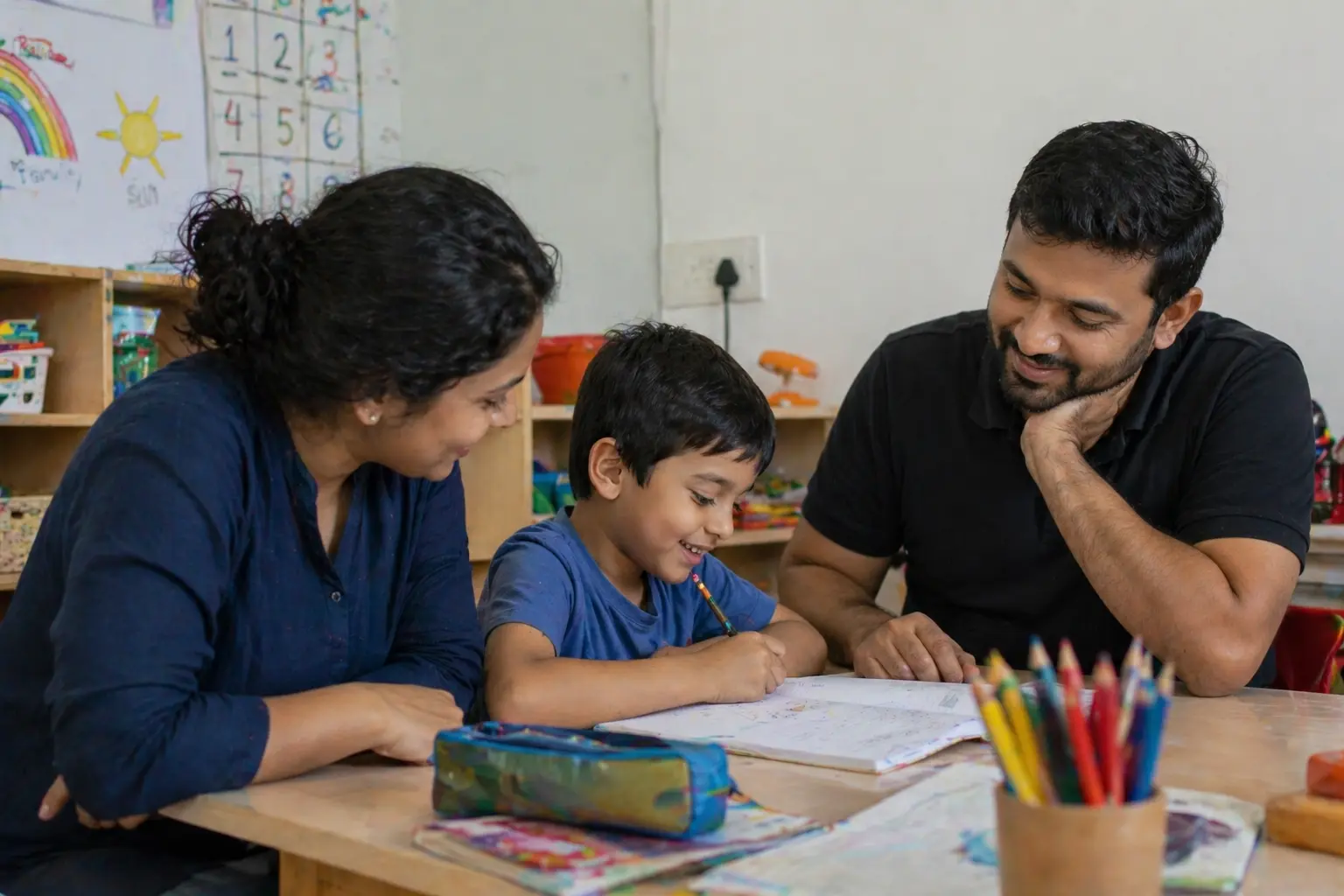 A therapist working side by side with a young child on a learning activity