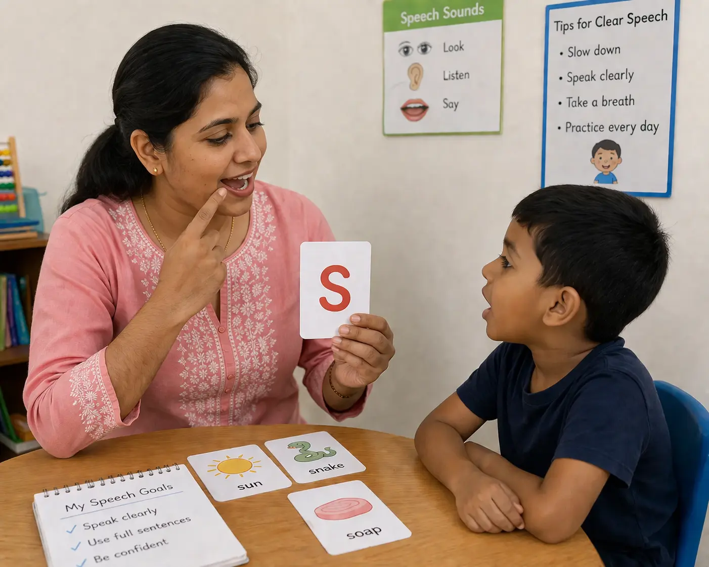 An Indian speech therapist guiding a child through communication practice using picture cards